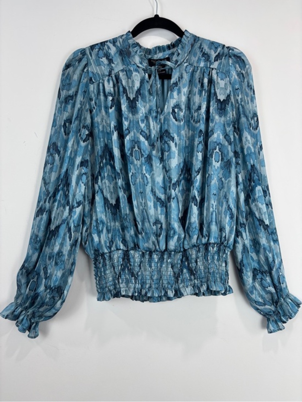 Rachel Zoe Blue Abstract Smocked Waist Metallic Peasant Blouse Balloon Sleeve M